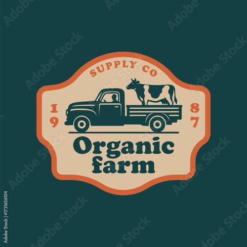 Organic farm delivery design template. Classic vintage pickup truck with dairy products. Vector illustration