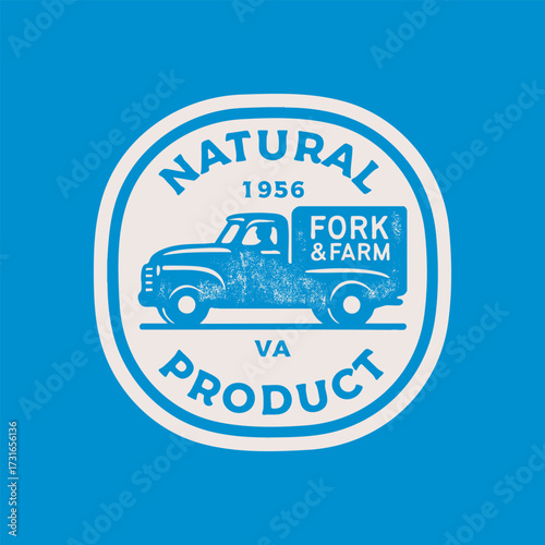Farm fresh delivery design template. Classic vintage pickup truck with natural food. Vector illustration