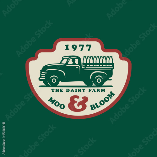Organic farm delivery design template. Classic vintage pickup truck with dairy products. Vector illustration