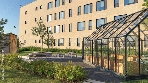 Modern school campus with greenhouse for educational gardening. Sustainable learning environment combining nature, science and eco-friendly education. and STEM projects.