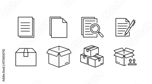 Collection of eight simple line art icons representing documents and shipping boxes silhouette