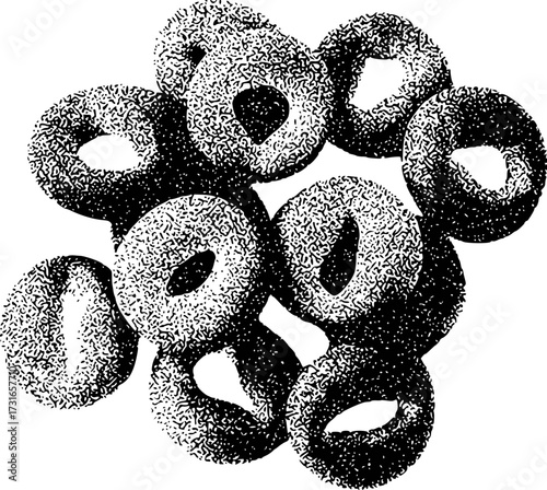 A Close-Up, Stippled Illustration of a Pile of Round Breakfast Cereal Rings