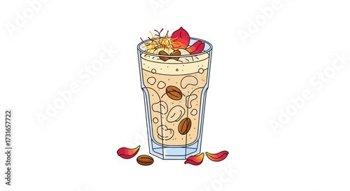 Artistic hand-drawn illustration of a gourmet iced coffee drink in a tall glass, garnished with whipped cream, fragrant saffron, and delicate red rose petals