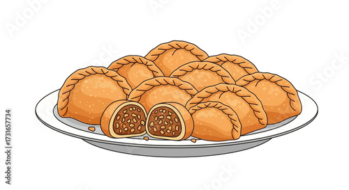 A delicious illustration of traditional Asian curry puffs piled high on a white plate. This detailed vector art showcases the savory deep-fried pastry
