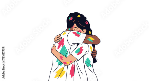 Vibrant illustration of two cheerful friends in a warm embrace, their white shirts adorned with colorful paint splashes, symbolizing friendship, joy, and festive celebration of unity