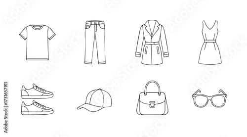 Collection of fashion items and clothing accessories in a simple line art silhouette style