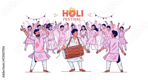 Vibrant illustration of a jubilant South Asian spring festival. People dance, play drums, and celebrate cultural togetherness, radiating collective joy and festive spirit