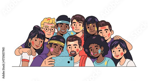 A vibrant illustration capturing a diverse group of smiling friends celebrating a colorful festival, joyfully posing for a festive selfie, embracing cultural traditions and camaraderie