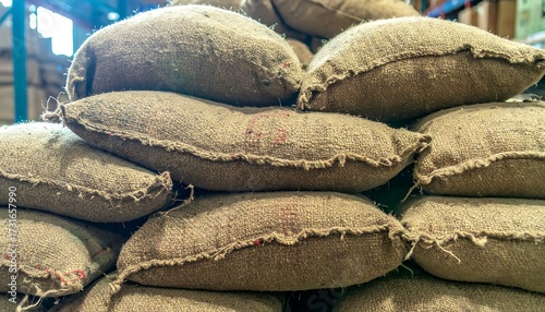 Stacked burlap sacks, likely filled with agricultural goods, in warehouse
