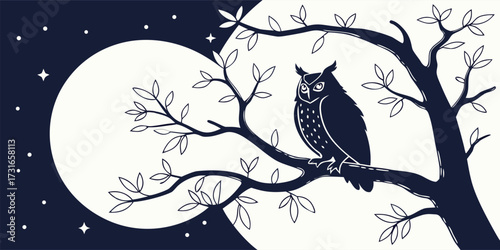 Vector poster of a great horned owl perched on a tree branch under moonlight. Include subtle stars, detailed feathers, soft shadows, minimal background, dramatic nocturnal wildlife style.