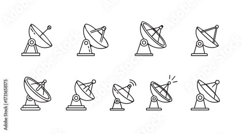 Collection of satellite dish antennas in a simple line art silhouette style