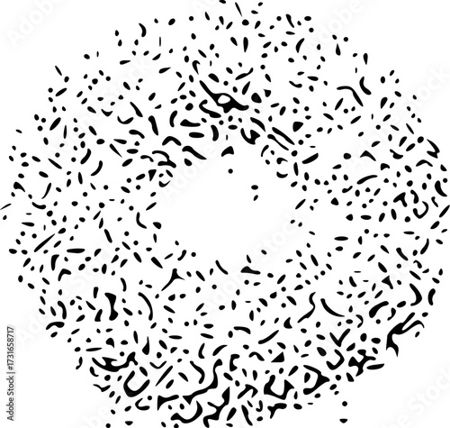 Abstract Circular Pattern of Black Dots and Squiggles on White Background