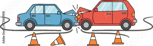 Blue sedan crashes into red hatchback on road, causing damage to both vehicles, with traffic cones nearby, depicting a car accident scene.