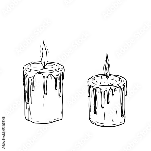 Wax candle with a flame, sketch. Vector illustration. There are two silhouettes of guttered candles with a wick, isolated on a white background. Theme of Christmas, New year, winter and forest