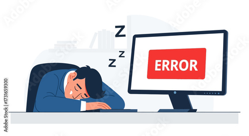Illustrative scene depicting a tired employee sleeping at his desk with a computer error message
