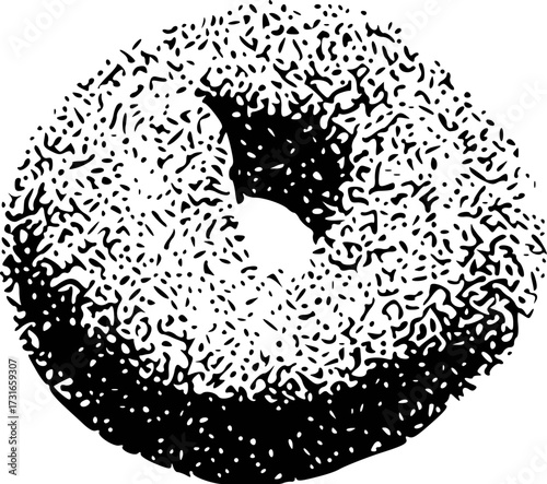 Black and White Illustration of a Textured Donut with a Hole in the Center