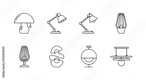 Collection of various lamp designs in a clean line art silhouette style