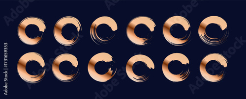 Japanese gold brush enso circles. Round vector thick golden line frame set. Metallic grunge drawn brush stroke collection bg. Luxurious Korean or Chinese design background. Wedding logo frame banner
