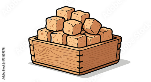 Illustration of a wooden box filled with brown sugar cubes on a white background