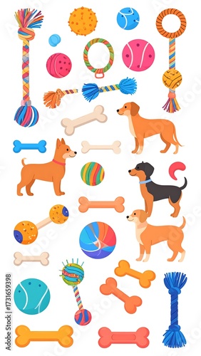 Colorful illustration of dog toys and various dog breeds (1)