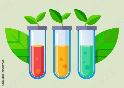 Wallpaper Mural Three Colorful Liquids in Scientific Test Tubes with Green Leaves Symbolizing Natural Science
 Torontodigital.ca