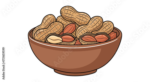 Illustration of a bowl filled with fresh and crunchy peanuts on a white background