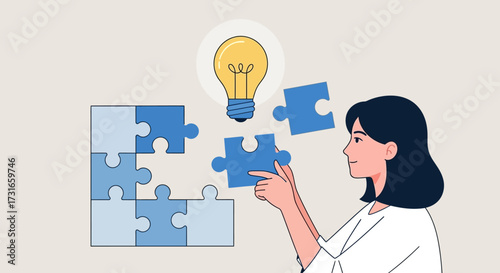 Woman solving puzzle with lightbulb metaphor for ideas and solutions illustration
