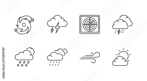 Collection of hand drawn weather icons in a simple silhouette style