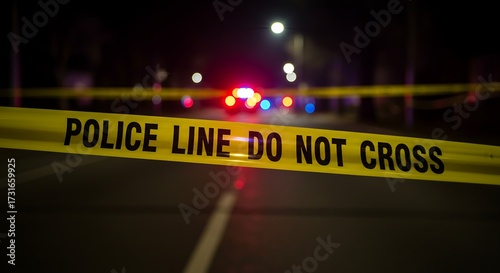 Police tape blocking crime scene at night with blurred emergency lights, law enforcement concept, generative ai