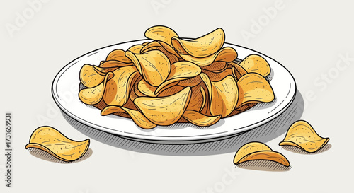 Illustration of crispy and savory potato chips piled high on a white plate drawing style