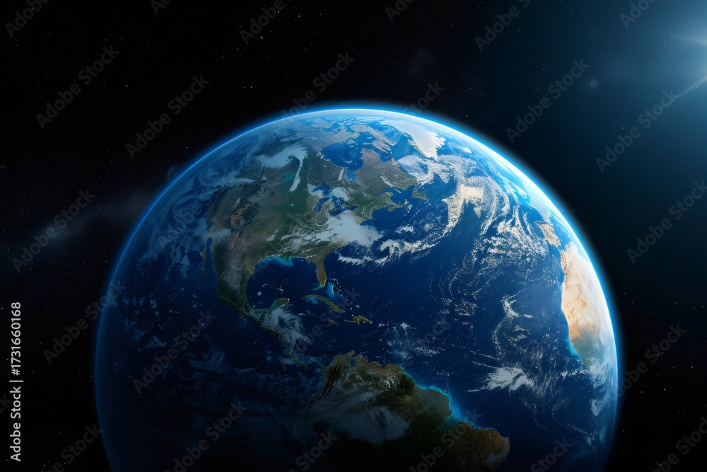 Fototapeta premium Planet earth orbiting in space with glistening atmosphere