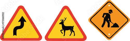 Road signs warn drivers about winding road, deer crossing, and road work ahead, promoting safety and awareness on the road.