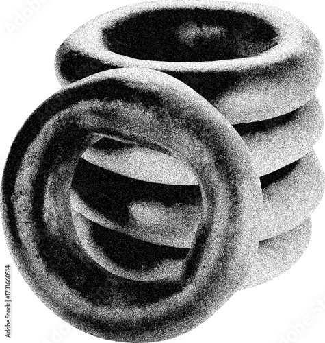 Stack of Black Toroidal Shapes with Textured Surface and Shadowing