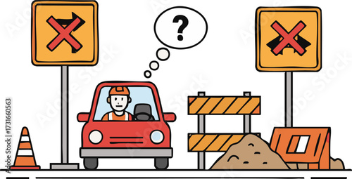 Confused driver in red car faces road closure and detour signs at construction site, creating a sense of frustration and uncertainty.