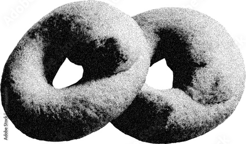 Two textured bagels in a stippled black and white artistic rendering