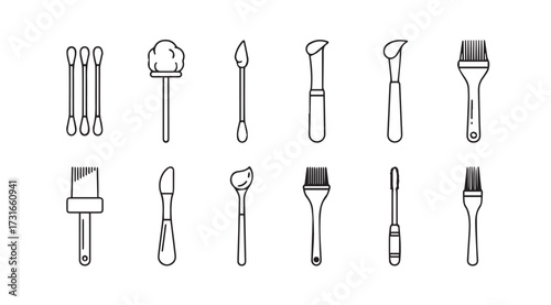 Collection of makeup brushes and applicators in a simple line art silhouette style