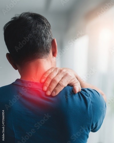 A man with neck pain is holding his head and shoulder, back view of the person, red glowing aura on top left part on hand touching nape area