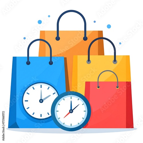Colorful shopping bags with clocks emphasizing timely delivery or sales