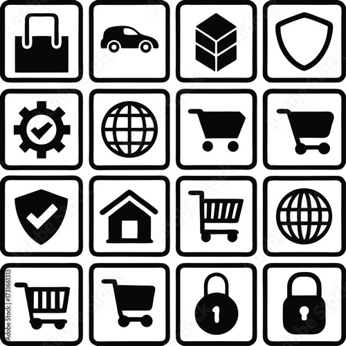 Modern e-commerce icon set featuring shopping carts cars lock shields gears globes and houses for digital applications