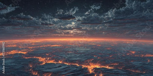 Celestial Serenity: A breathtaking view, where the dark sky kisses the tranquil ocean. A celestial dance of clouds and a full moon. A scene of dramatic beauty.