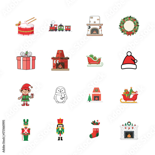 Festive holiday icons including gifts wreath fireplace nutcracker and santa hat elements Christmas