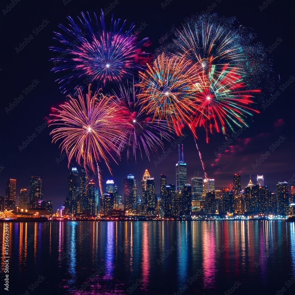 Fototapeta premium Vibrant Fireworks Exploding Over City Skyline at Night Reflected in Water