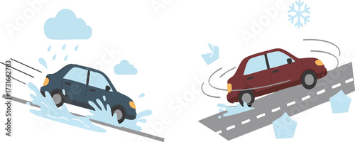 Cars slipping on wet and icy roads, showing the dangers of driving in inclement weather conditions, emphasizing the need for caution and safe driving practices.