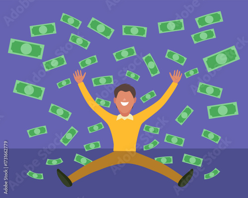 A man throwing money in the air and being happy. Illustration Vector Cartoon.