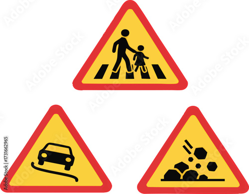 Road signs warn pedestrians crossing, slippery road, and falling rocks on a triangular yellow sign with a red border, ensuring safety and awareness on the road.