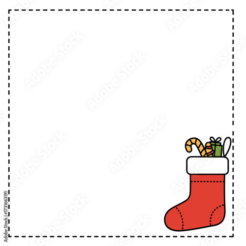 Minimalist dashed line frame border with single flat colored Christmas stocking in lower right corner, simple clean coloring book style on white background