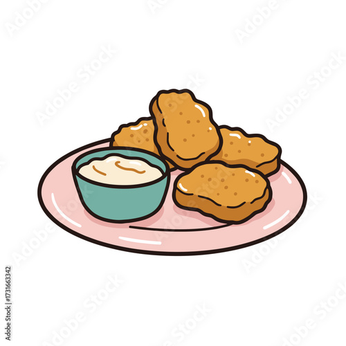 Chicken nuggets with dipping sauce in playful cartoon snack illustration