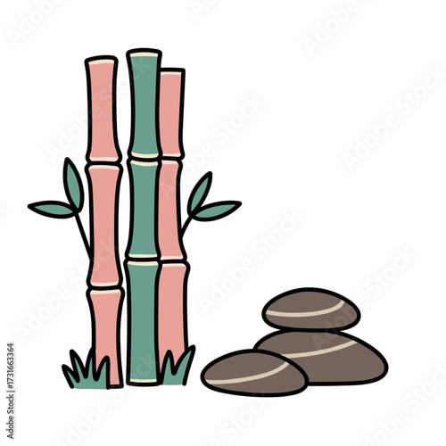 Bamboo sticks with balanced stones in peaceful cartoon zen illustration