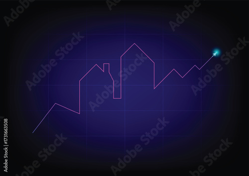 Real estate investment concept. The glowing and neon light of the home with an upper arrow graph on a dark blue background. Property growth and profit for the future.