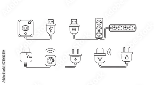 Collection of electrical plugs and outlets in a simple line drawing silhouette style